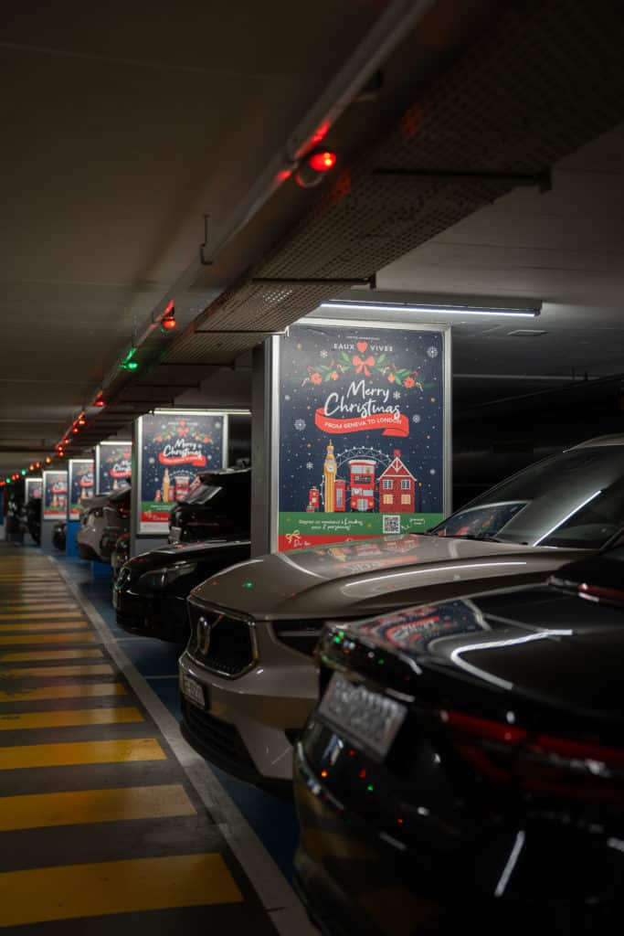Série d’affiches publicitaires au format F4 installées au parking de Villereuse à Genève, dans le quartier des Eaux-Vives, pour offrir une visibilité répétée et ciblée aux usagers.