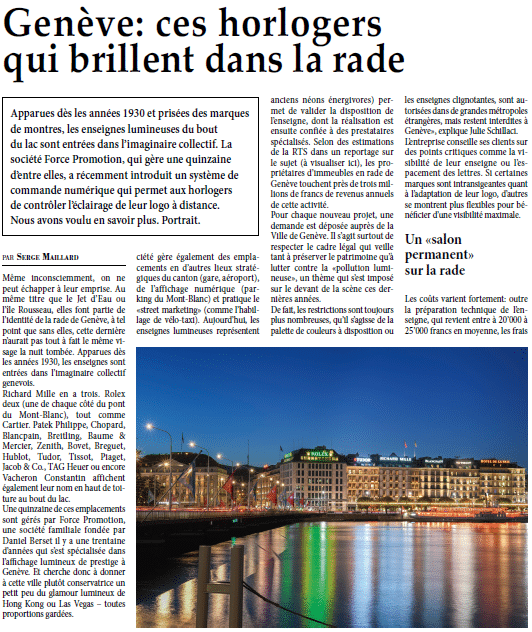 Parution presse de Force Promotion dans le magazine Europastar, mettant en lumière son expertise en affichage publicitaire haut de gamme pour les marques horlogères à Genève