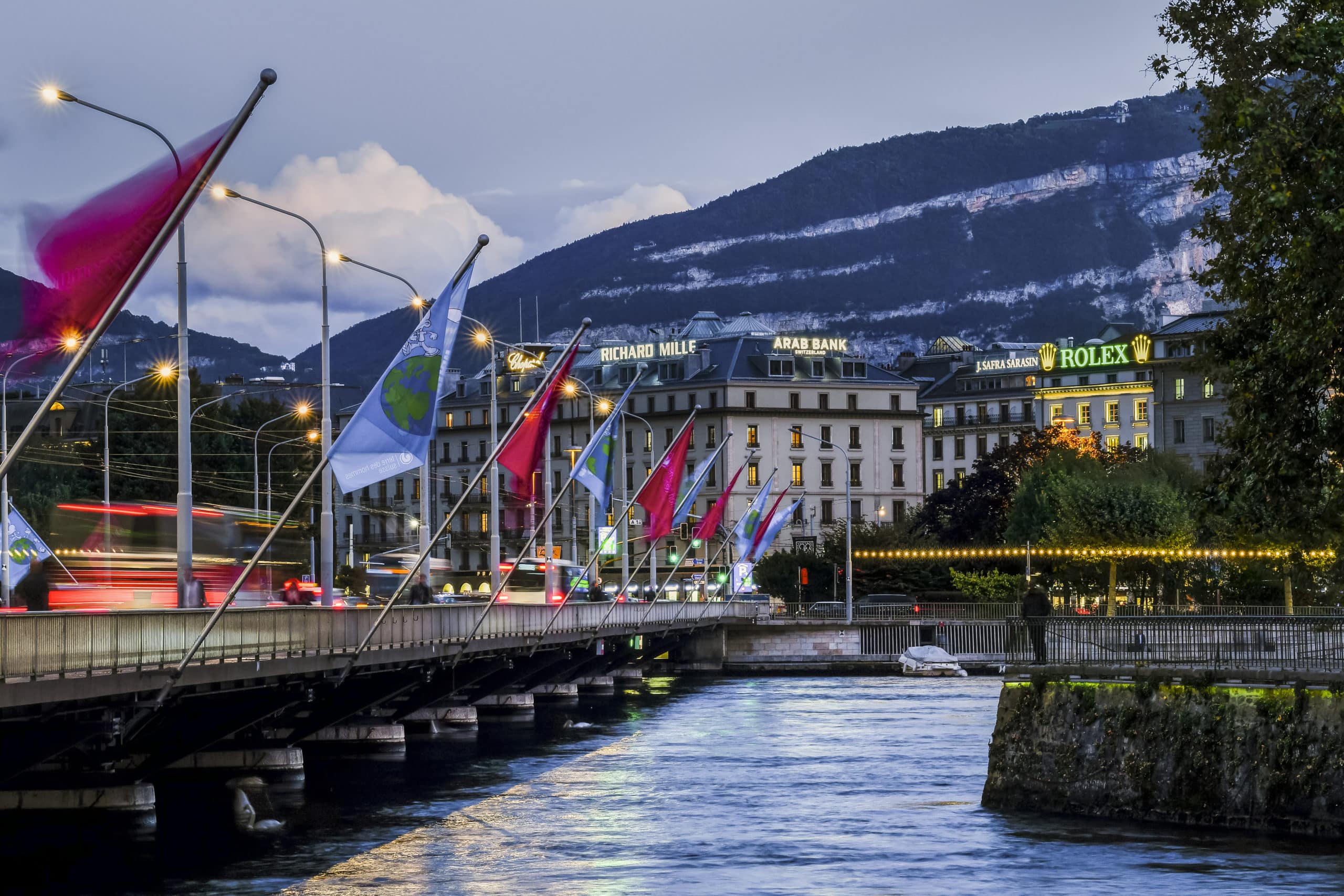 View of Mont Blanc with buildings and illuminated signs from Force Promotion lighting up the urban landscape of Geneva