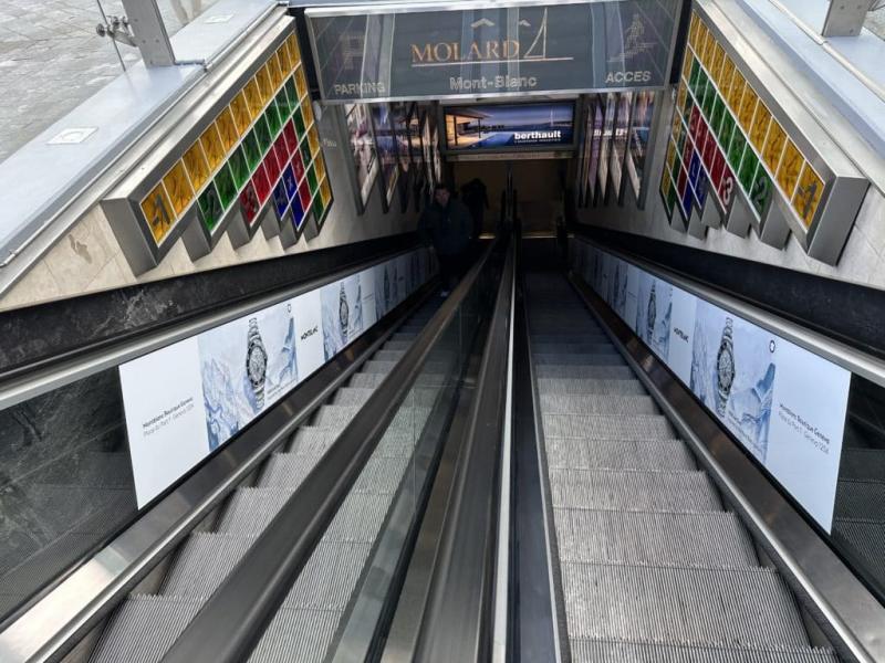 Advertising for Mont-Blanc watches in the escalators of the Mont-Blanc car park, Molard entrance Geneva