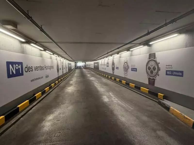 Large-format, face-to-face megaposters for the Watch Dreamer campaign, installed at the Rive droite exit of the Mont-Blanc car park in Geneva, visible from the banners.