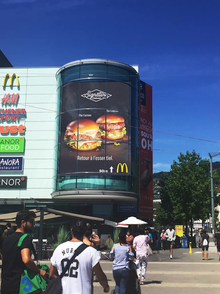 View of the outdoor digital Megascreen in Vevey, a giant advertising screen providing maximum visibility in the open air for McDonalds