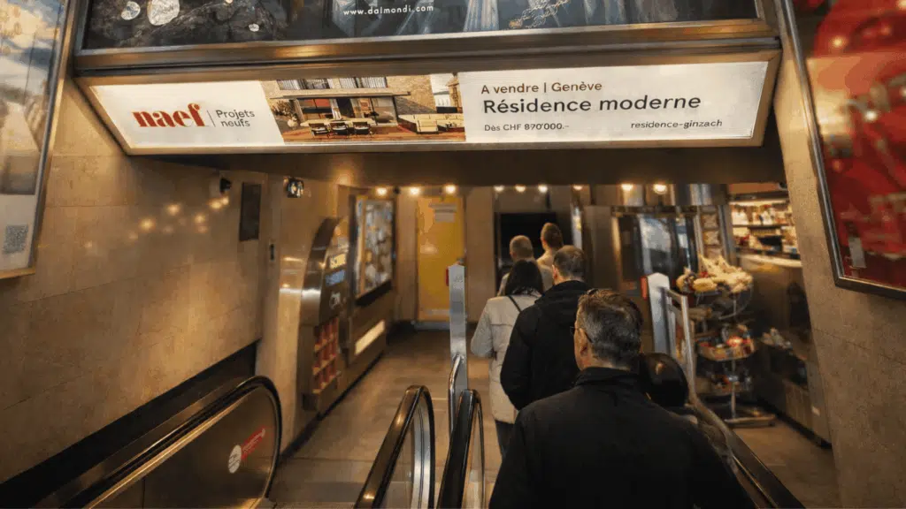 Supports publicitaires positionnés en fronton au-dessus des escalators de l’accès Fusterie du parking du Mont-Blanc à Genève.