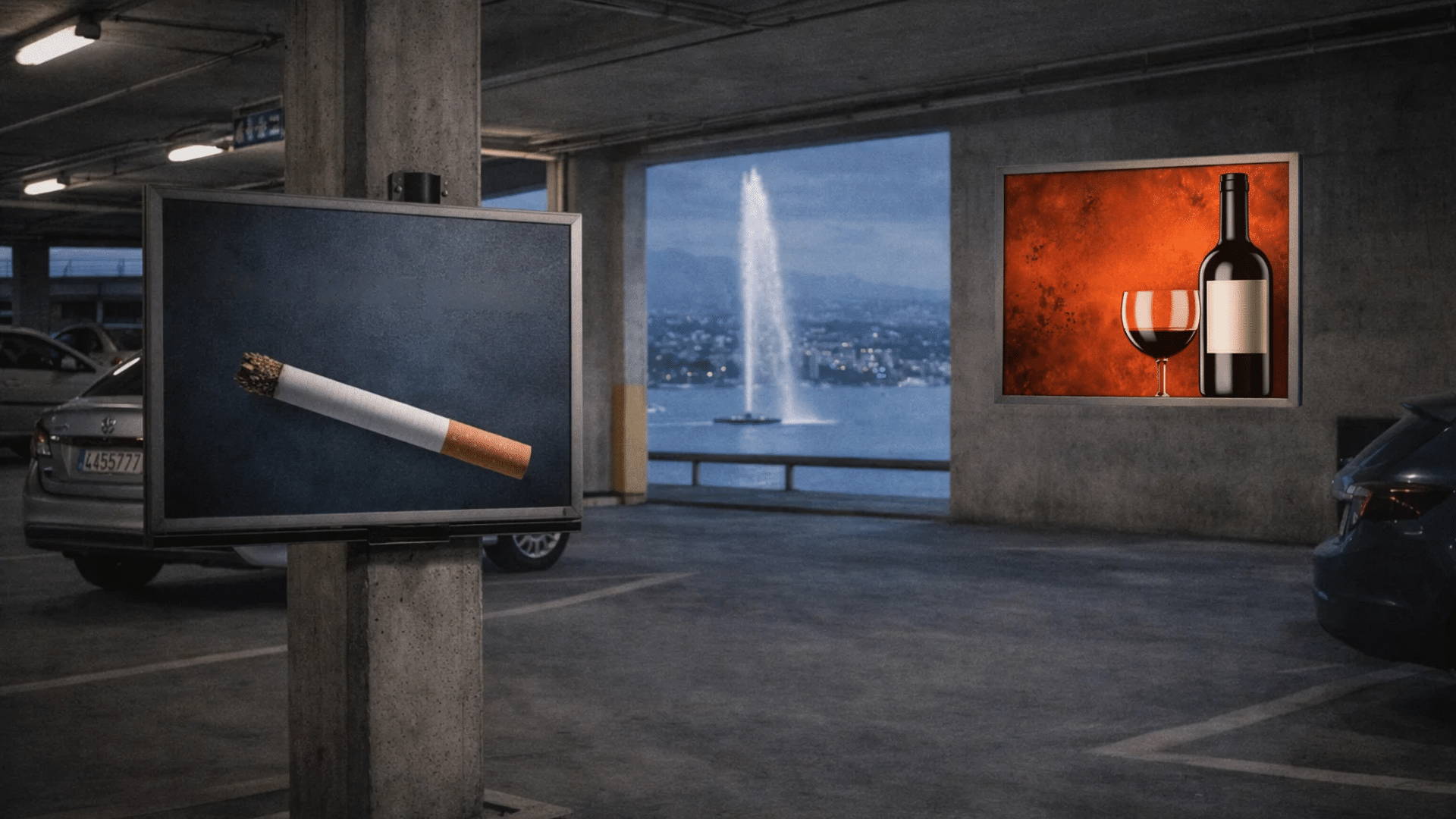 Illustration représentant Genève avec des éléments liés au tabac et à l’alcool, intégrés dans un environnement urbain premium, symbolisant les opportunités publicitaires à fort potentiel pour ces secteurs réglementés.