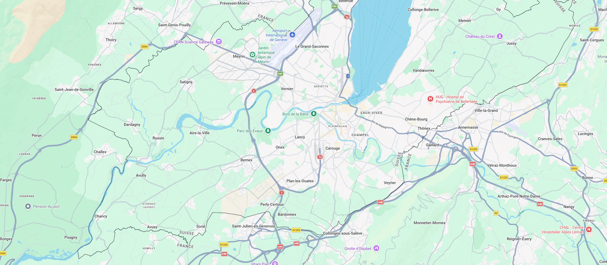 Carte détaillée de Genève indiquant les emplacements des dispositifs d’affichage publicitaire situés dans les parkings publics et privés du canton, avec repérage géographique précis.