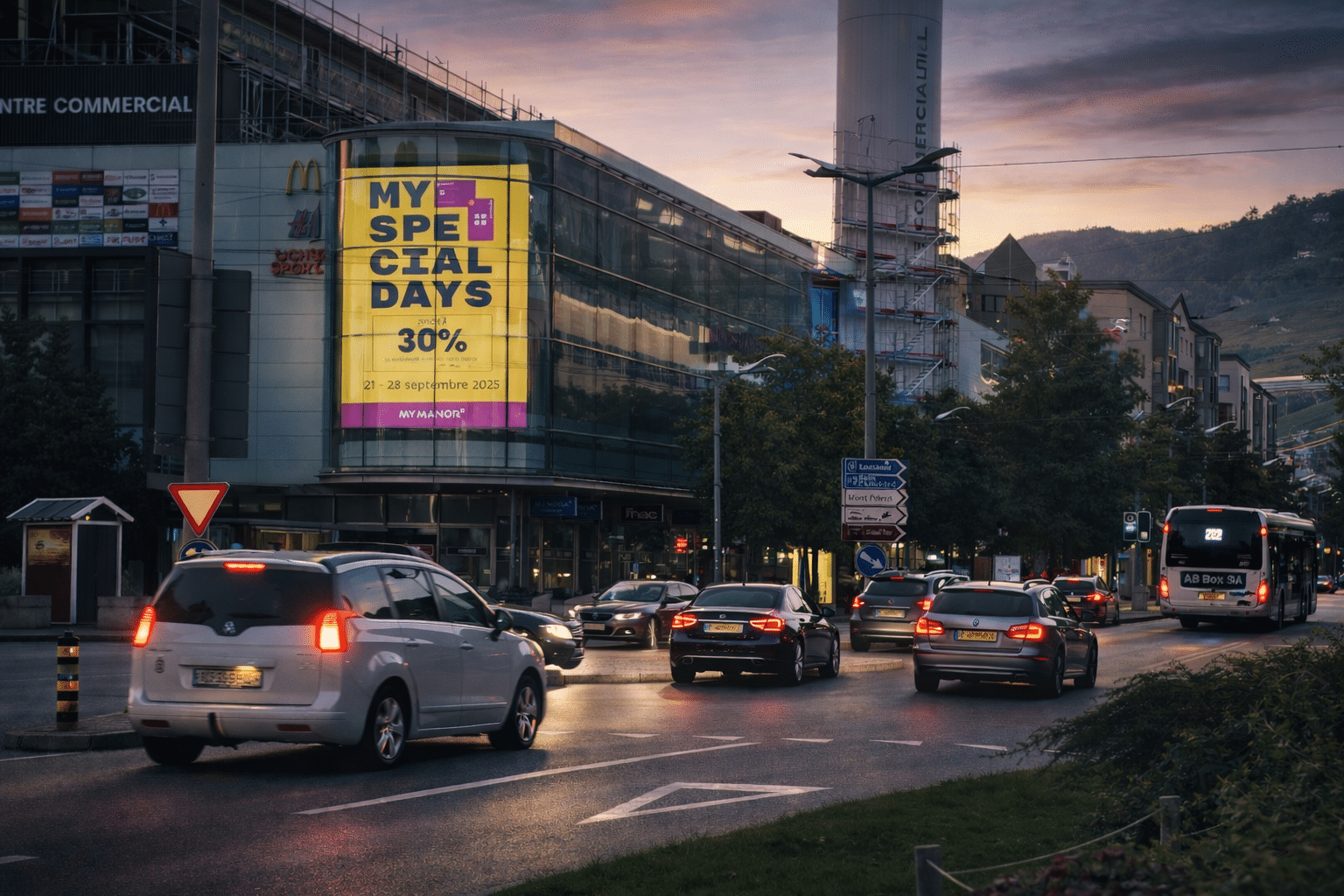 Écran publicitaire digital de 46 m² situé à Vevey en Suisse, support grand format pour campagnes à forte visibilité