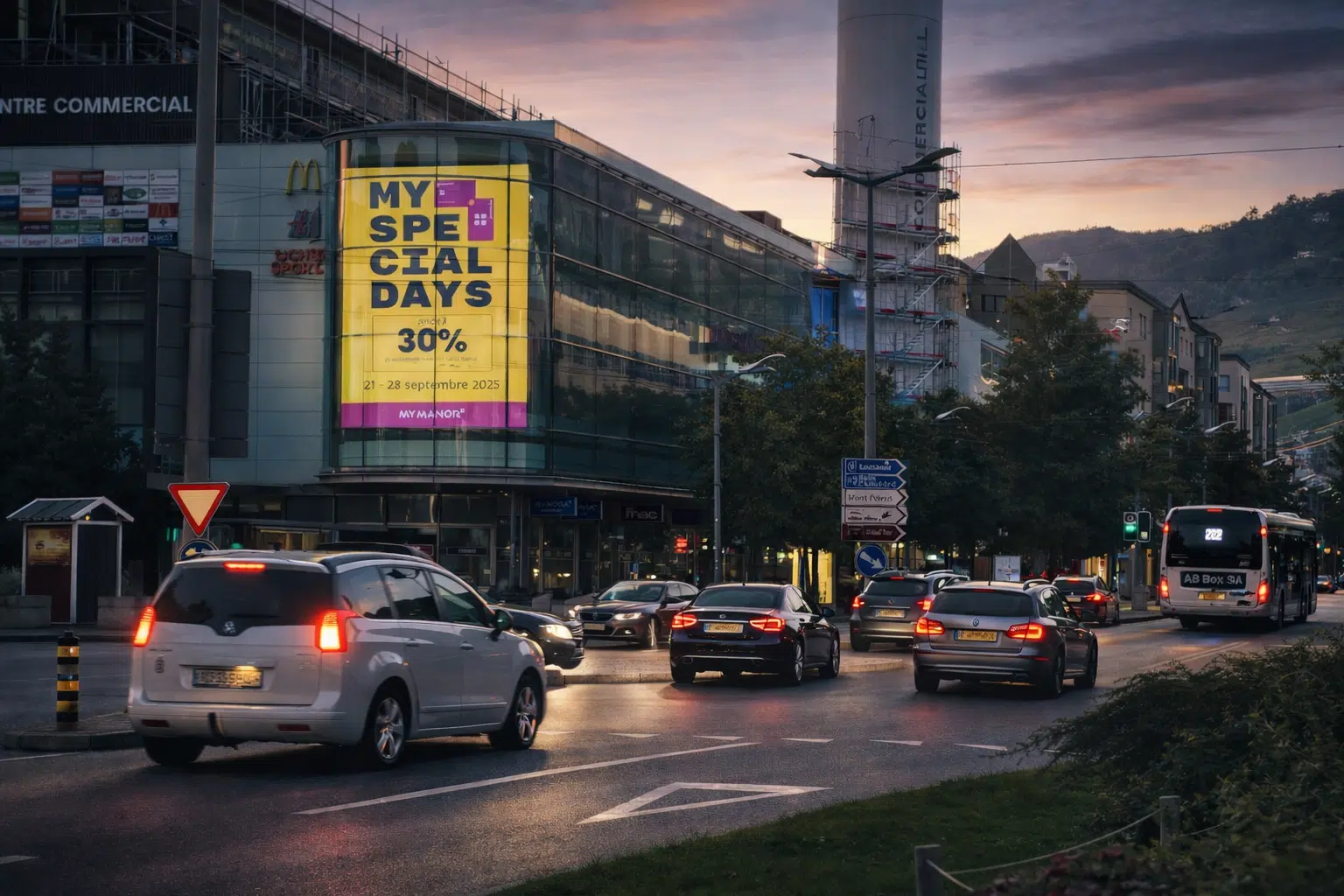 Écran publicitaire digital de 46 m² situé à Vevey en Suisse, support grand format pour campagnes à forte visibilité