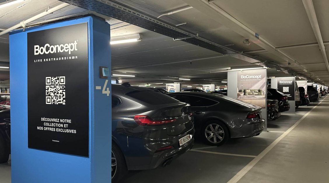 F4 poster installed in the Mont-Blanc car park in Geneva, a premium location with heavy pedestrian and car traffic, ideal for maximum visibility in the city centre.