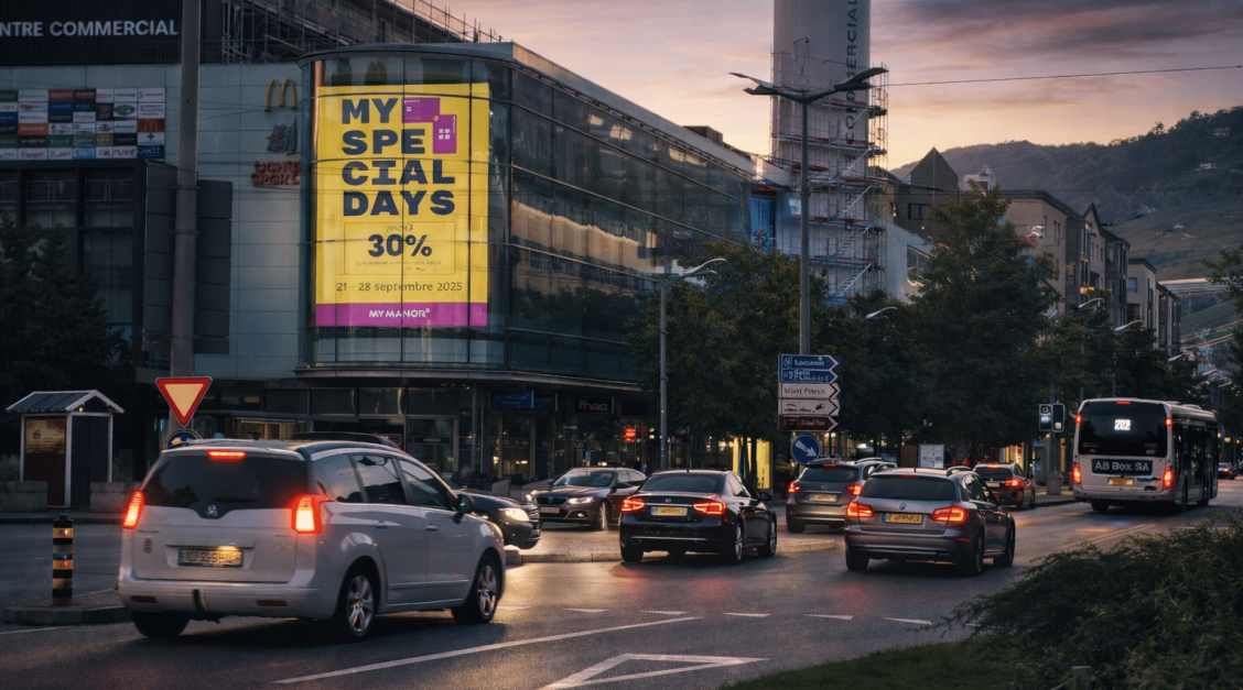Écran publicitaire digital de 46 m² situé à Vevey en Suisse, support grand format pour campagnes à forte visibilité